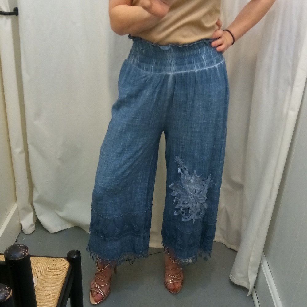 Blue Gauze Capris Wide Leg Vintage Hand Dyed